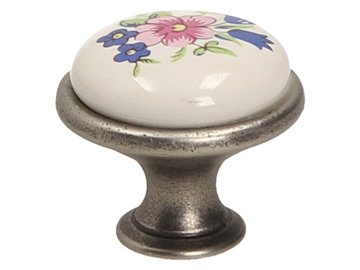 Buton, Portelan, Nichel patinat, Floare albastra, GP 19-G11-MLK-1